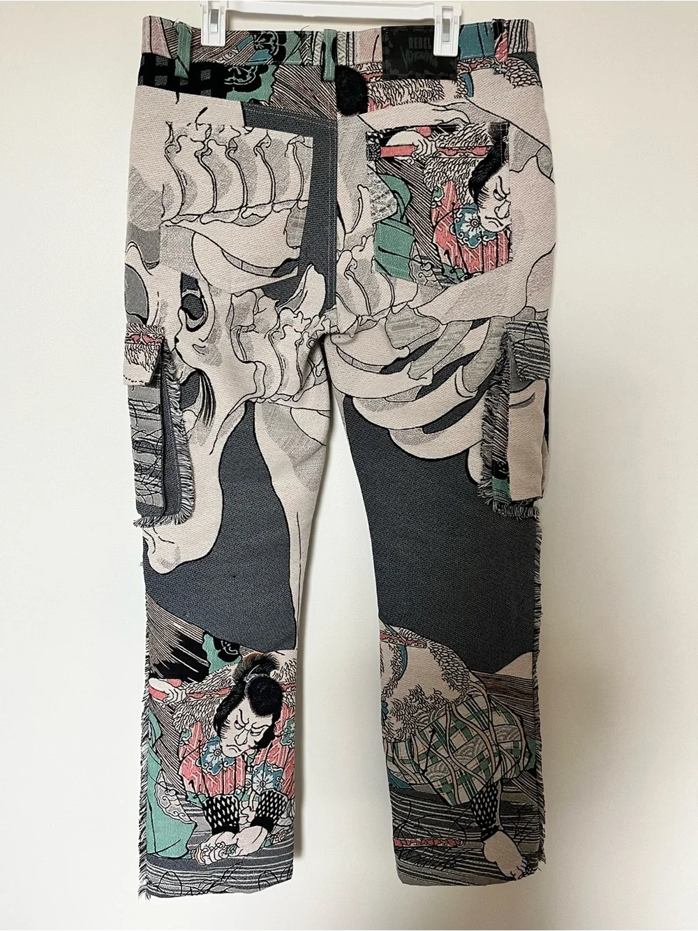 Rebel Vengeance Japanese Samurai and skull tapestry cargo pants